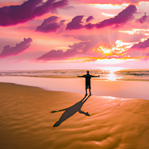 An image capturing a serene beach at sunset, where a single figure stands with arms outstretched, surrounded by a glowing aura of accomplishments, dreams, and possibilities, symbolizing the boundless potential of the future