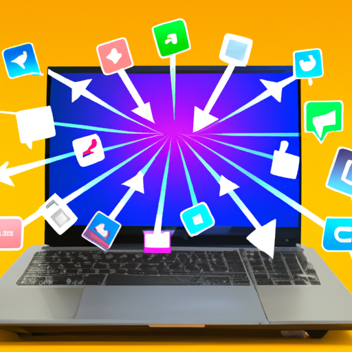 An image of a laptop screen displaying a colorful array of social media icons (Facebook, Instagram, Twitter, etc