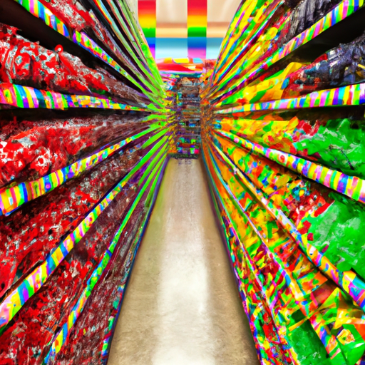 An image showcasing a vibrant candy aisle in a bustling supermarket, overflowing with rows upon rows of colorful Jolly Rancher packs