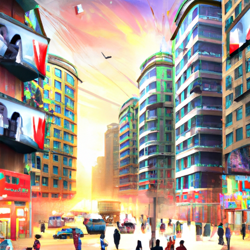 An image depicting a bustling city street at dusk, with colorful billboards towering over pedestrians