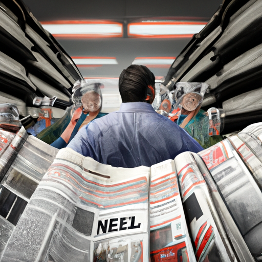 An image showcasing a bustling newsroom, with journalists huddled around stacks of newspapers