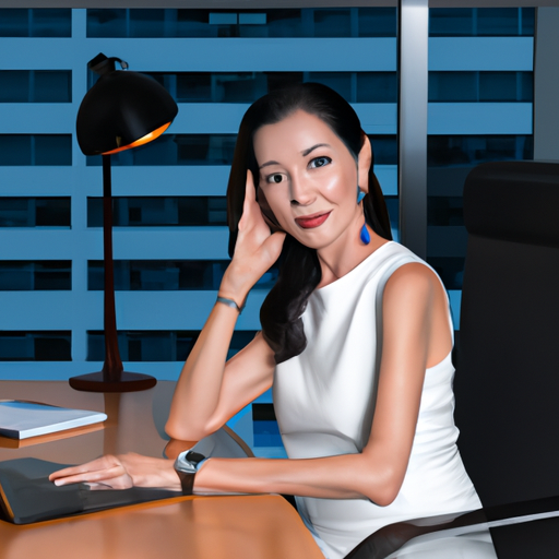 An image capturing a confident and focused Asian woman in her mid-30s, wearing professional attire, confidently using Spectrum Business services on her laptop, with a backdrop of a modern office environment