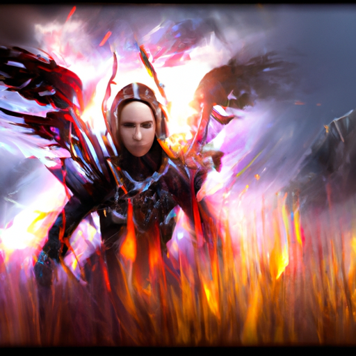 An image featuring a mysterious, fierce-looking girl in the center, clad in vibrant armor with glowing, ethereal wings