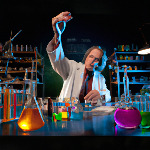 An image showcasing a dimly lit 1930s laboratory with a determined scientist in a lab coat, meticulously preparing a sublingual advertisement solution while surrounded by scientific apparatus and vials of colorful liquids