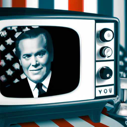 An image showcasing a black and white television set from the 1950s, displaying a presidential campaign advertisement, with the candidate's face visible and patriotic symbols in the background