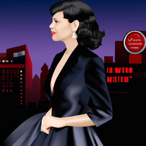 An image featuring a retro-style advertisement with a sophisticated lady wearing a tailored dress, exuding elegance, confidence, and mystery