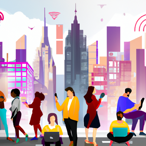An image showcasing a diverse group of people interacting with various digital devices (smartphones, tablets, laptops) in a vibrant cityscape backdrop, symbolizing the vast reach and effectiveness of online advertising