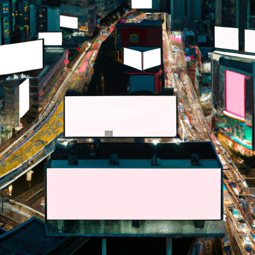 An image showcasing a bustling cityscape with vibrant billboards and screens, depicting diverse products and services
