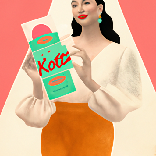 An image showcasing a vibrant, 1940s-style magazine advertisement featuring a confident, elegant woman holding a sleek, modern Kotex product, surrounded by uplifting pastel colors and feminine motifs