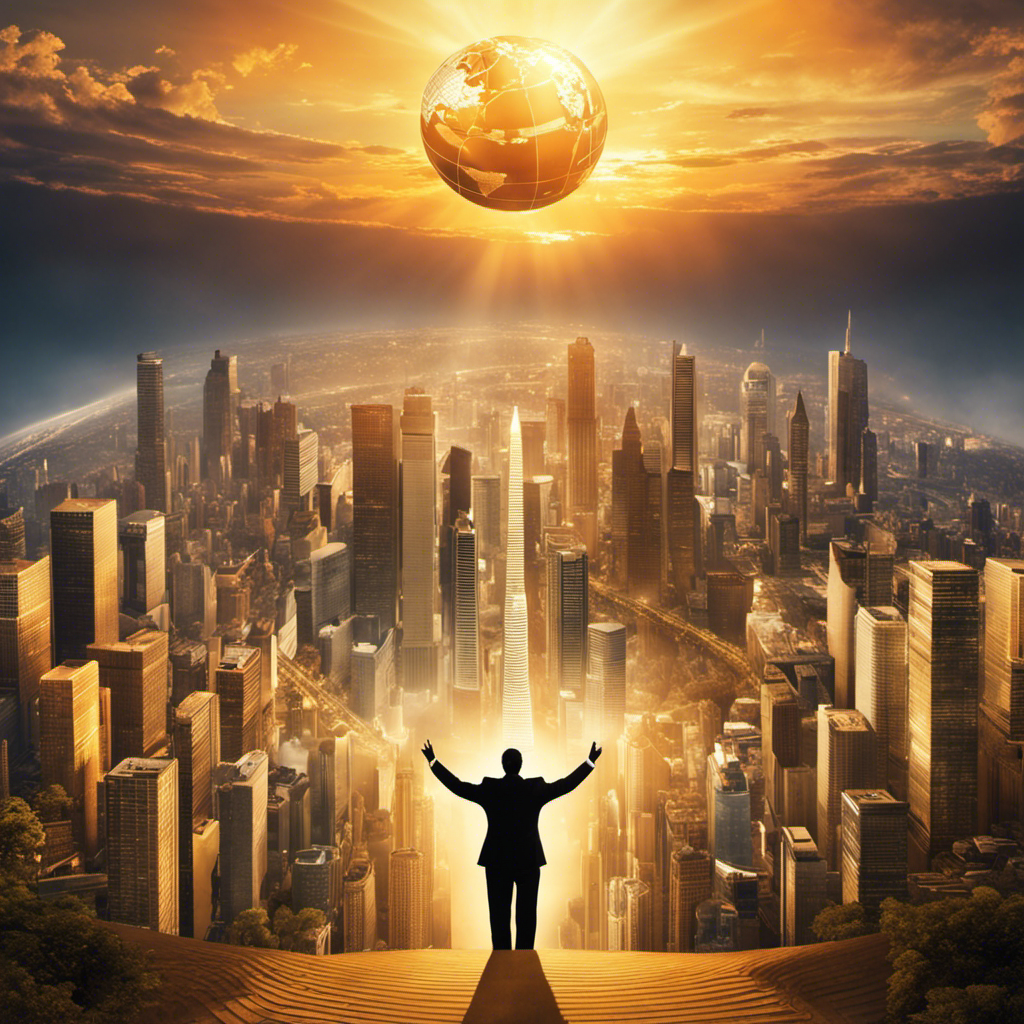 figure with outstretched arms and a moneybag in one hand, standing against a rising sun and surrounded by passive income sources such as stocks, real estate, and royalties