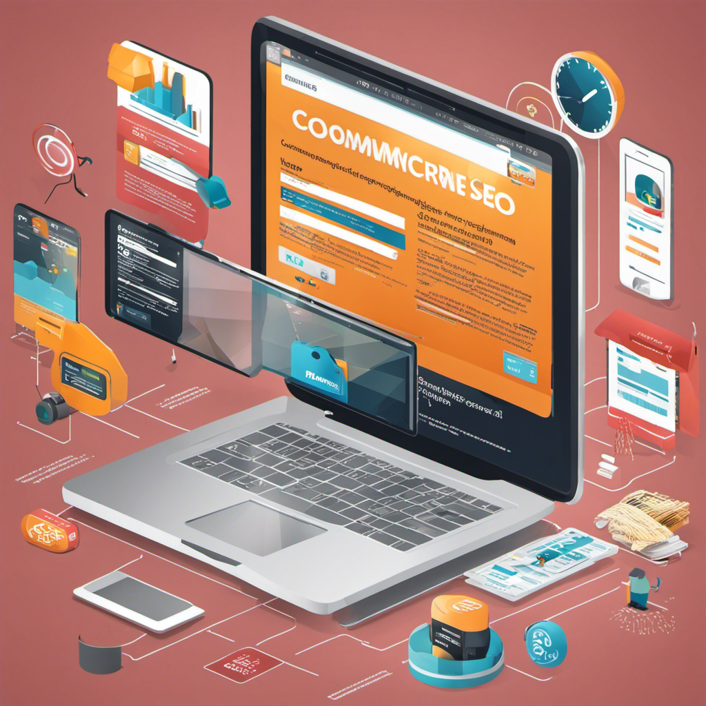 An image featuring a laptop displaying an e-commerce website homepage, with a magnifying glass highlighting on-page SEO elements like meta tags, keyword placement, and optimized product descriptions