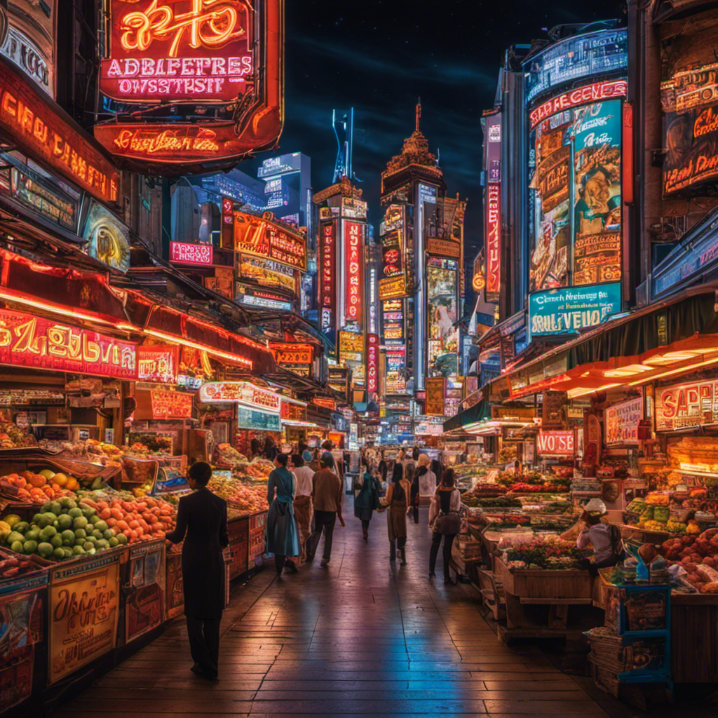 An image of a vibrant marketplace illuminated by neon signs, where towering billboards soar overhead