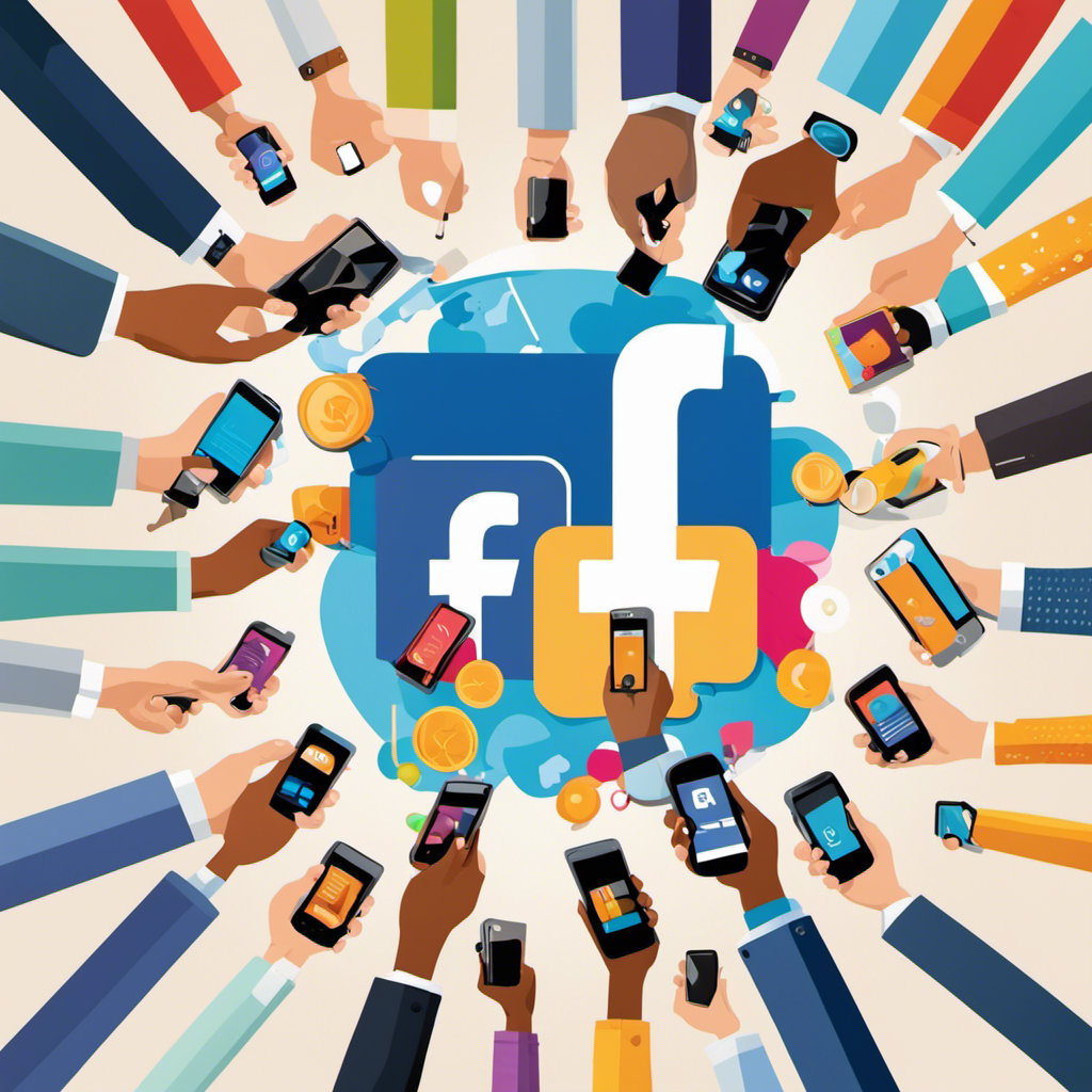 An image featuring a diverse group of individuals engrossed in their smartphones, surrounded by vibrant Facebook icons and captivating ads, showcasing the effectiveness of reaching a wide audience through Facebook advertisement