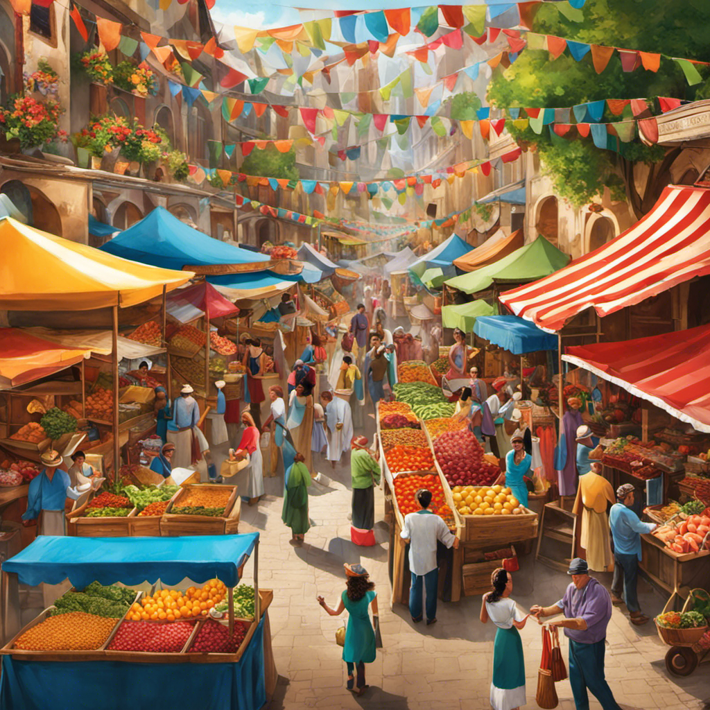 An image showcasing a bustling outdoor marketplace adorned with vibrant banners, where rows of colorful stalls overflow with fresh produce, delectable street food, and lively performers, capturing the essence of a festival grocery store advertisement